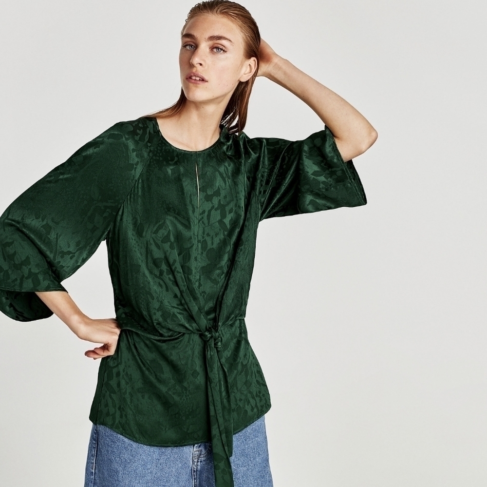 Zara | Emerald Jacquard Tie Front Blouse